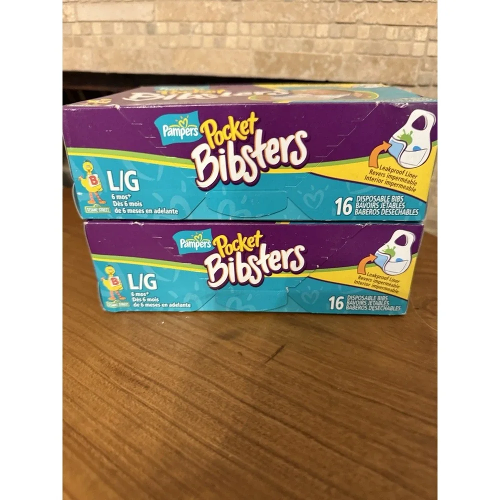 2 Boxes Bibsters Large Disposable Bibs New in Box. Pampers 16ct NOS Discontinued